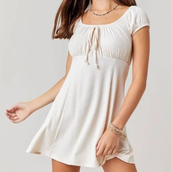 Mi Ami Ribbed Mini Dress Beige Cream Womens Small Boho Cottagecore Babydoll 90s - Picture 1 of 13